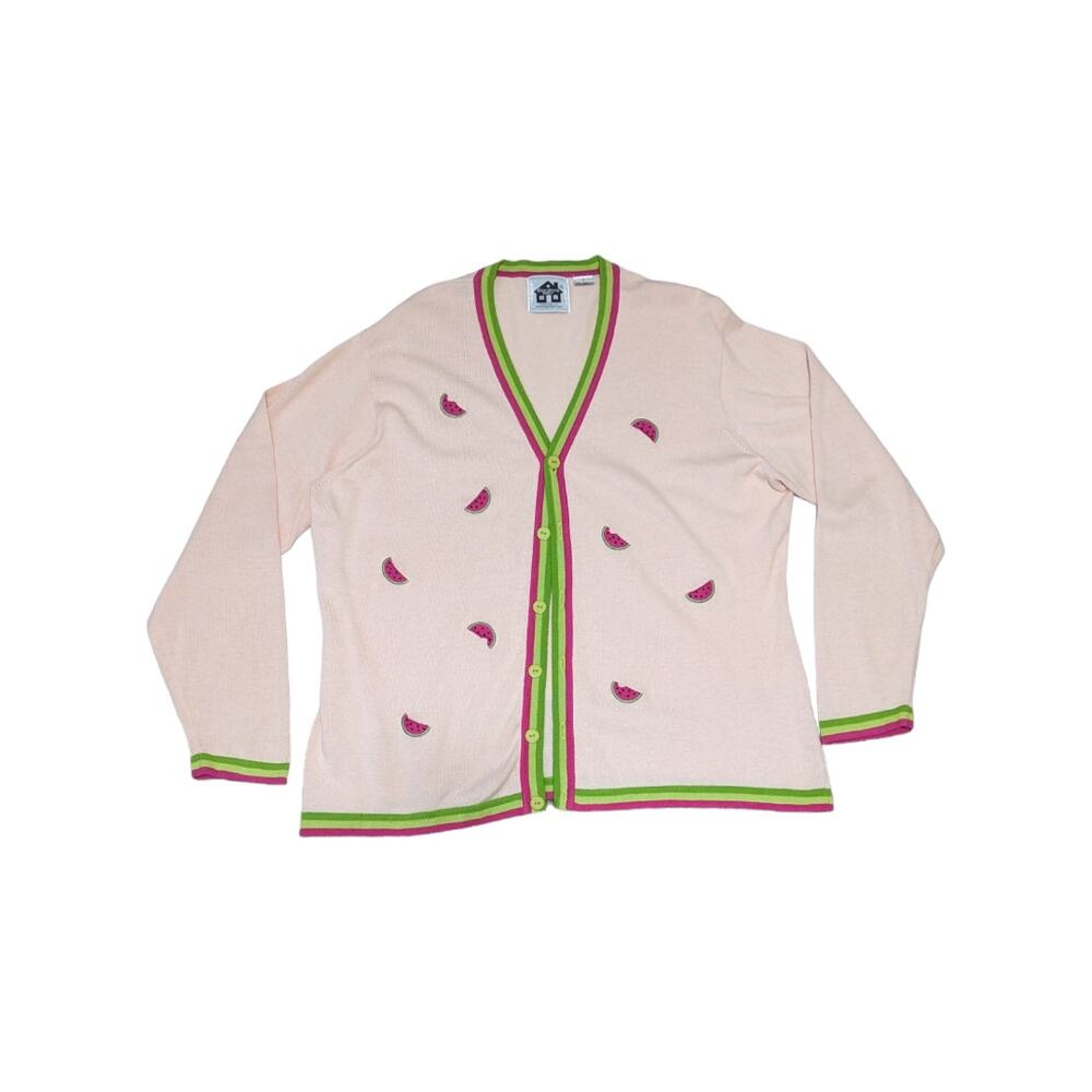 Vintage Storybook Knits Watermelon Cardigan Sweater Light Pink Green Womens 1X